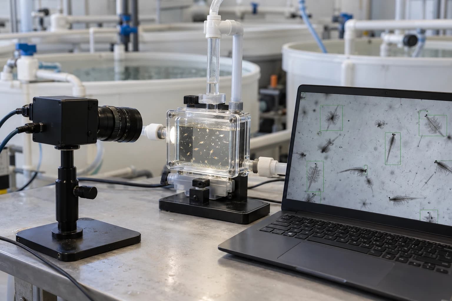 Camera and flow cell tracking Artemia, with detections on a laptop