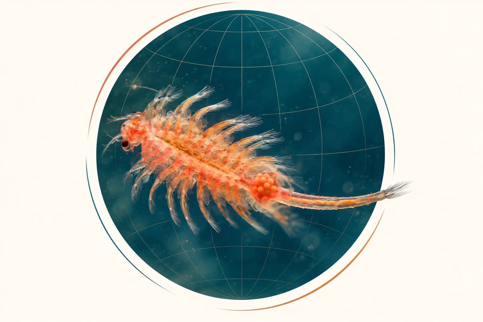 An adult Artemia in front of a globe outline