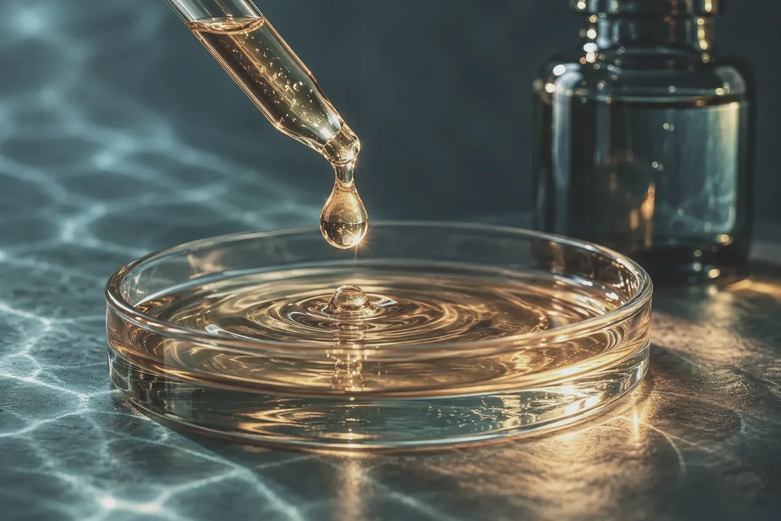 A drop of golden marine oil falling into a glass dish