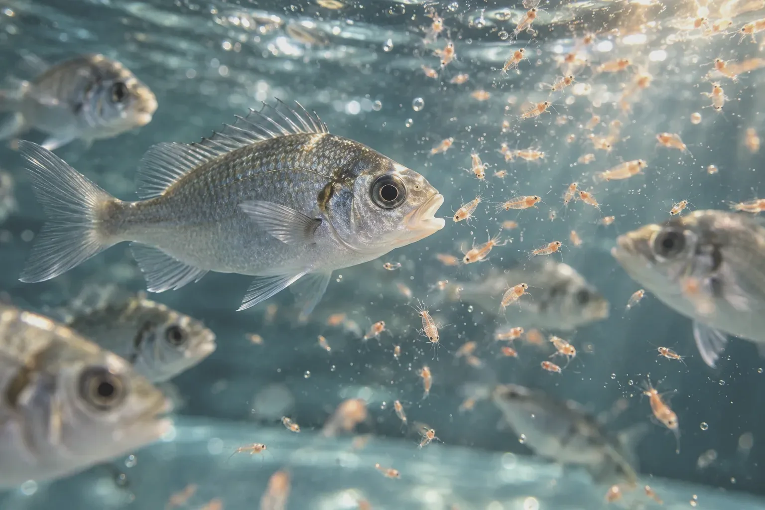 Young fish feeding on live Artemia