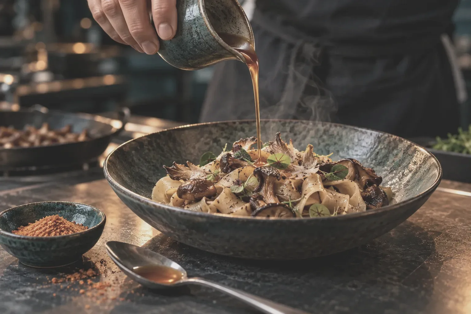 A chef pouring a savoury sauce over a mushroom pasta dish